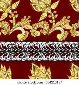 seamless texture with golden pattern and white doodles flowers on dark red background. 