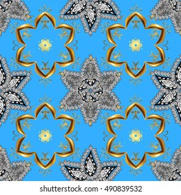 seamless texture with golden stars pattern on blue background. Vector.
