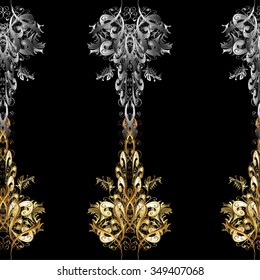 seamless texture with gradient golden pattern and white and black doodles flowers
