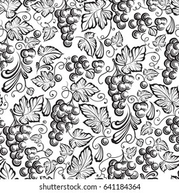 seamless texture grapes vine ornament. hand drawn illustration.