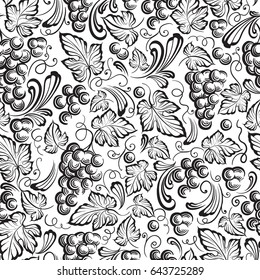 Seamless Texture Grapes Vine Ornament. Hand Drawn Illustration.