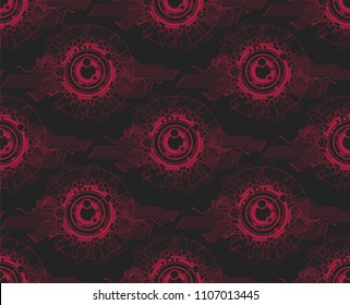 Seamless texture with graphic circuit. Technological design. Science style. Repeating background. Tile pattern. Red elements on a black background. 

