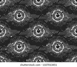 Seamless texture with graphic circuit. Technological design. Science style. Repeating background. Tile pattern. White elements on a black background. 
