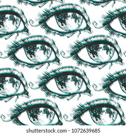 Seamless texture with graphic eye with moon instead of iris. Repeating background. Tile pattern. Can be used as wallpaper, desktop, wrapping, fabric or background for your blog, covers, cards.
