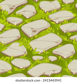 Seamless texture grass, texture green lawn with stones in isometric.