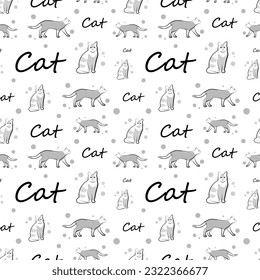 Textura sin foco con gatos grises sobre fondo blanco. Impresión con gatos. Ilustración vectorial en estilo doodle.