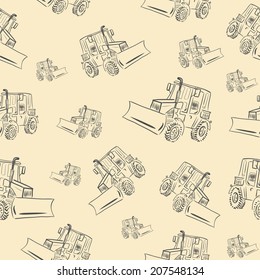 Seamless texture with a gray tractor on a brown background