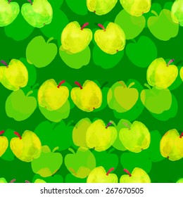Seamless texture of green apples. Vector background with watercolor elements. 