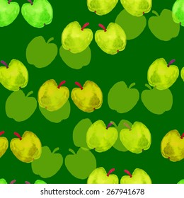 Seamless texture of green apples. Vector background with watercolor elements. 