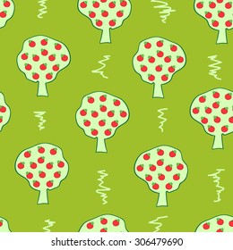 Seamless texture with green apple-trees and red apples