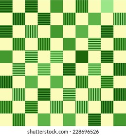 Seamless Texture of Green Checker Pattern of Random Tones, With Strips of Both Vertical And Horizontal Directions Inside The Grids, on Light Yellow Background.