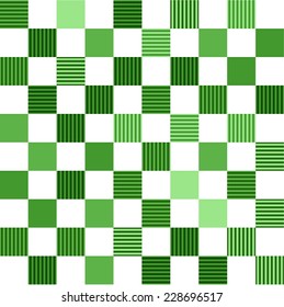 Seamless Texture of Green Colored Checker Pattern of Random Tones, With Strips of Both Vertical And Horizontal Directions Inside The Grids, on White Background.