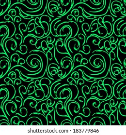 seamless texture with green curling branch on black background
