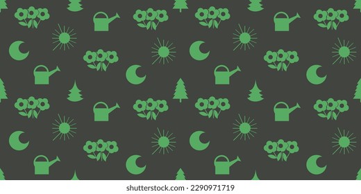 Seamless Texture of Green Flowers, Trees, Watering Cans and Suns  - Pattern on Dark Wide Scale Background Seasonal Wallpaper Design, Template for Web in Editable Vector Format