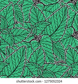 Seamless texture with green mint leaves. Spring background. Repeating pattern. Can be used as wallpaper, desktop, wrapping, fabric or background for your blog, covers, cards.