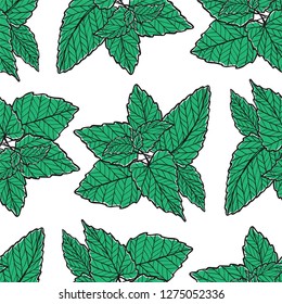 Seamless texture with green mint leaves. Spring background. Repeating pattern. Can be used as wallpaper, desktop, wrapping, fabric or background for your blog, covers, cards.