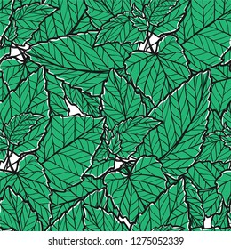 Seamless texture with green mint leaves. Spring background. Repeating pattern. Can be used as wallpaper, desktop, wrapping, fabric or background for your blog, covers, cards.