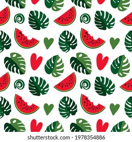 Seamless texture of green monstera leaves and watermelon slices, foliage pattern, natural abstract background