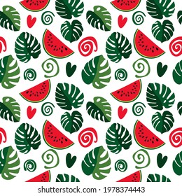 Seamless texture of green monstera leaves and watermelon slices, foliage pattern, natural abstract background