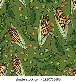 Seamless texture of green peas and corn. Vector illustration for food. Marketing material. Hand-drawn graphics.