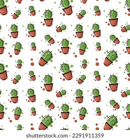 
Seamless texture with green, prickly cacti on a white background. Cactus in a flowerpot