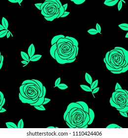 Seamless texture of green roses and branches on a black background