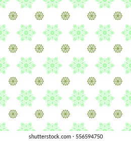 Seamless texture with green snowflakes and dots on a white background. Starry Sky. Falling snow.