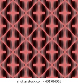 Seamless texture with grey symmetrical rhombus with crosses inside made of ovals on red background.