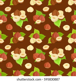 seamless texture with groups of hazelnuts and leaves on brown background