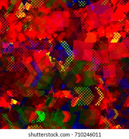 Seamless texture. Grunge red, yellow, blue, green pattern with squares and arrows. Urban repeatable backdrop for boys, sport design, textile, wrapping paper, web page, advertising booklets, banners