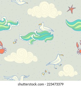 seamless texture with gulls and clouds