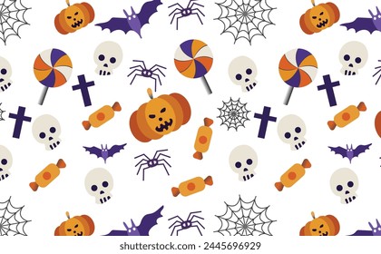 Seamless texture Halloween in cartoon style. Pumpkin, Skull, chocolate, Spider, Bat. flat vector illustration. 