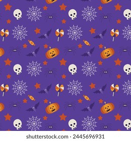 Seamless texture Halloween in cartoon style. Pumpkin, Skull, chocolate, Spider, Bat. flat vector illustration. 