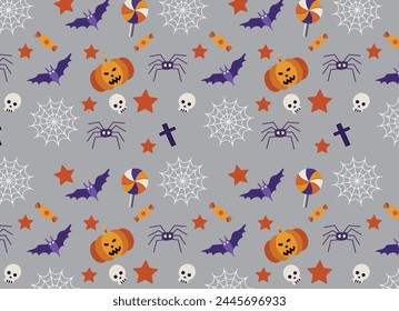 Seamless texture Halloween in cartoon style. Pumpkin, Skull, chocolate, Spider, Bat. flat vector illustration. 