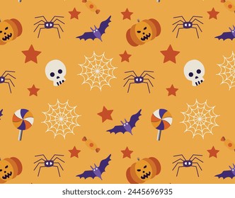 Seamless texture Halloween in cartoon style. Pumpkin, Skull, chocolate, Spider, Bat. flat vector illustration. 