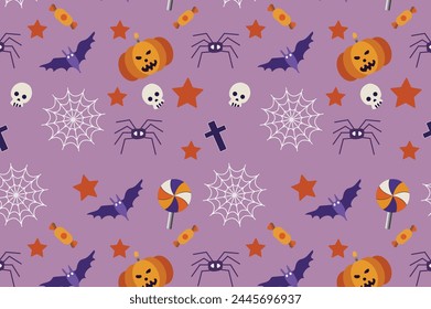 Seamless texture Halloween in cartoon style. Pumpkin, Skull, chocolate, Spider, Bat. flat vector illustration. 