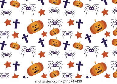 Seamless texture Halloween in cartoon style. Pumpkin, Skull, chocolate, Spider, Bat. flat vector illustration. 