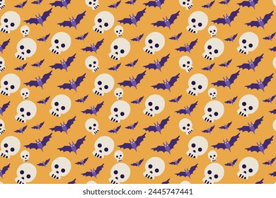 Seamless texture Halloween in cartoon style. Pumpkin, Skull, chocolate, Spider, Bat. flat vector illustration. 