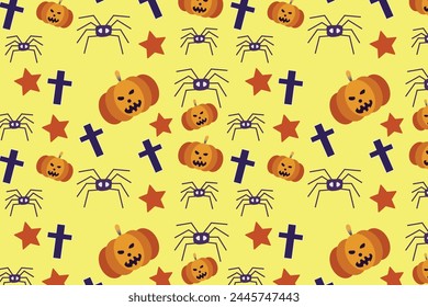 Seamless texture Halloween in cartoon style. Pumpkin, Skull, chocolate, Spider, Bat. flat vector illustration. 