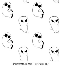 Seamless texture for halloween. Funny cartoon ghosts on a white background. Doodle style. Black and white illustration. Hand drawing.