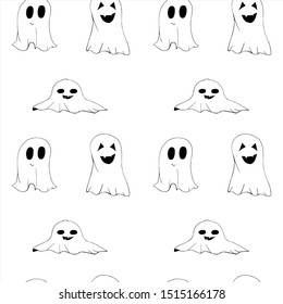 Seamless texture for halloween. Funny cartoon ghosts on a white background. Doodle style. Black and white illustration. Hand drawing.