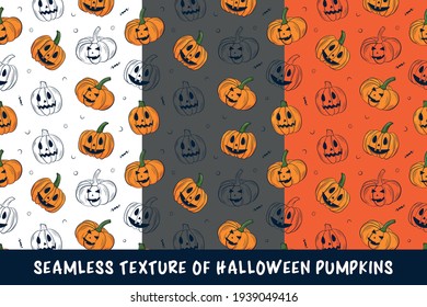 Seamless texture of Halloween pumpkins. Festive pumpkins on a white, black and red background.