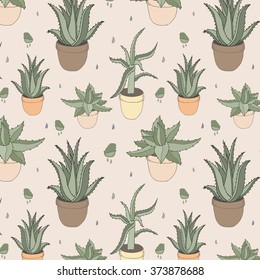 Seamless texture with hand drawn Aloe Vera in pots. Vector vintage pattern. Pastel background