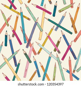 Seamless texture with hand drawn comic pencils. Colorful endless pattern. Template for design backgrounds, textile, wrapping paper, package