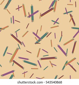 Seamless texture with hand drawn comic pencils. Colorful pencil endless pattern. Template for design backgrounds, textile, wrapping paper, package.