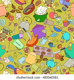 Seamless texture. Hand drawn doodles objects food and utensils.