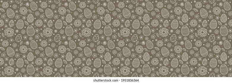 Seamless texture with hand drawn Easter eggs and flowers. Banner. Vector