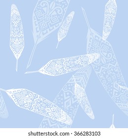 seamless texture with hand drawn feather pattern carved in style Indians white