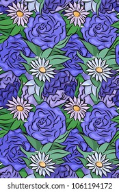 Seamless texture with hand drawn flowers and leaves. Roses and chamomiles. Vector pattern for your creativity.