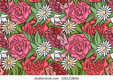 Seamless texture with hand drawn flowers and leaves. Roses and chamomiles. Vector pattern for your creativity.